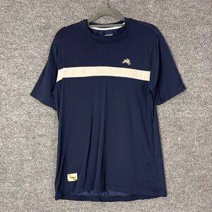 Tracksmith Men Navy Blue Running Shirt Athletic Logo Stripe Short Sleeve Size M